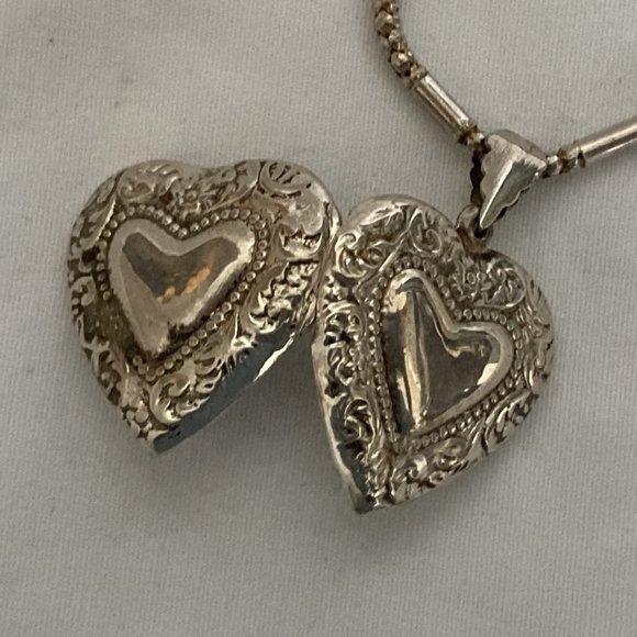 Sterling Silver Valentines heart Repousee Locket Necklace - Picture 6 of 7